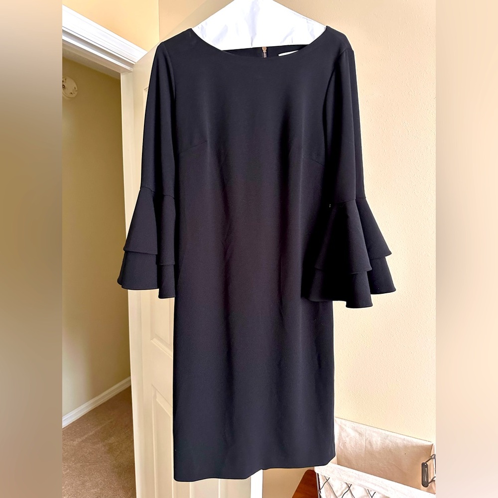 EUC WORN ONCE CALVIN KLEIN RUFFLE SLEEVE BLK DRESS SIZE 8.